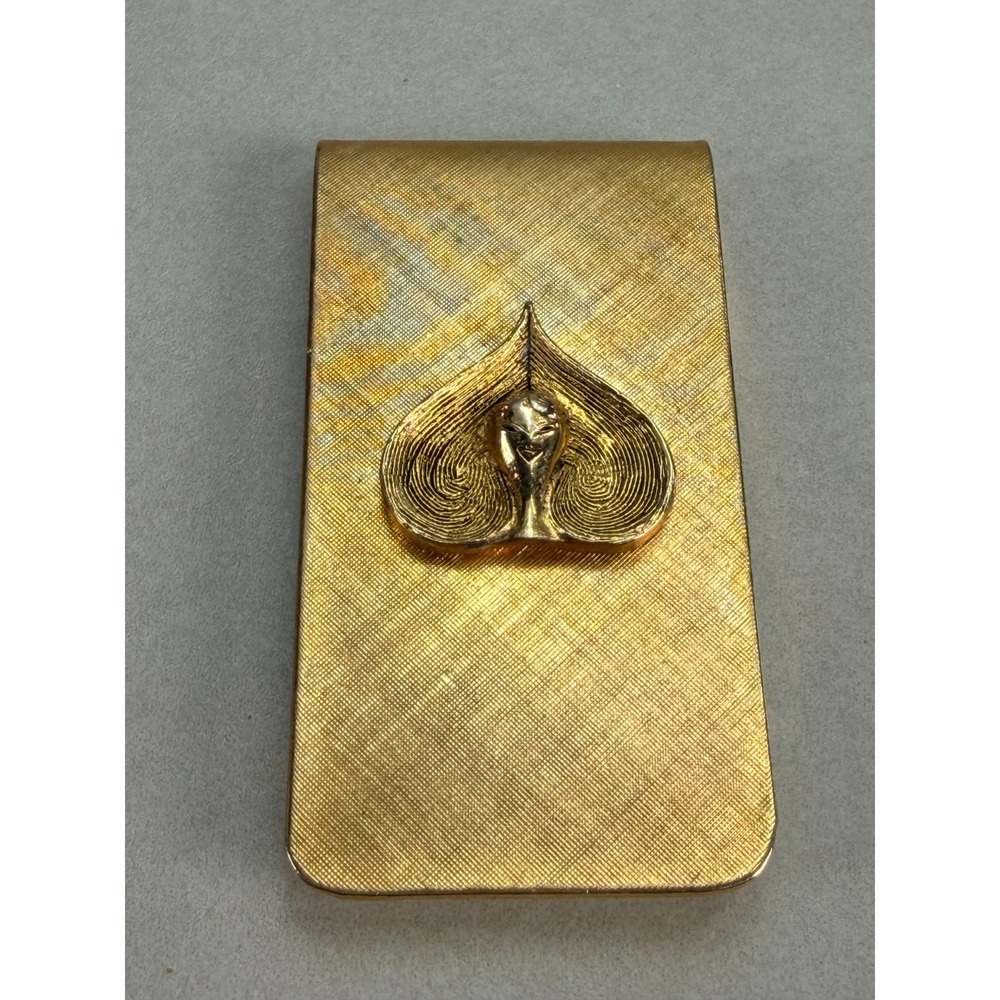 Gold Plated Ace Of Hearts Playing Card Money Clip Narrow Brushed Top Vintage
